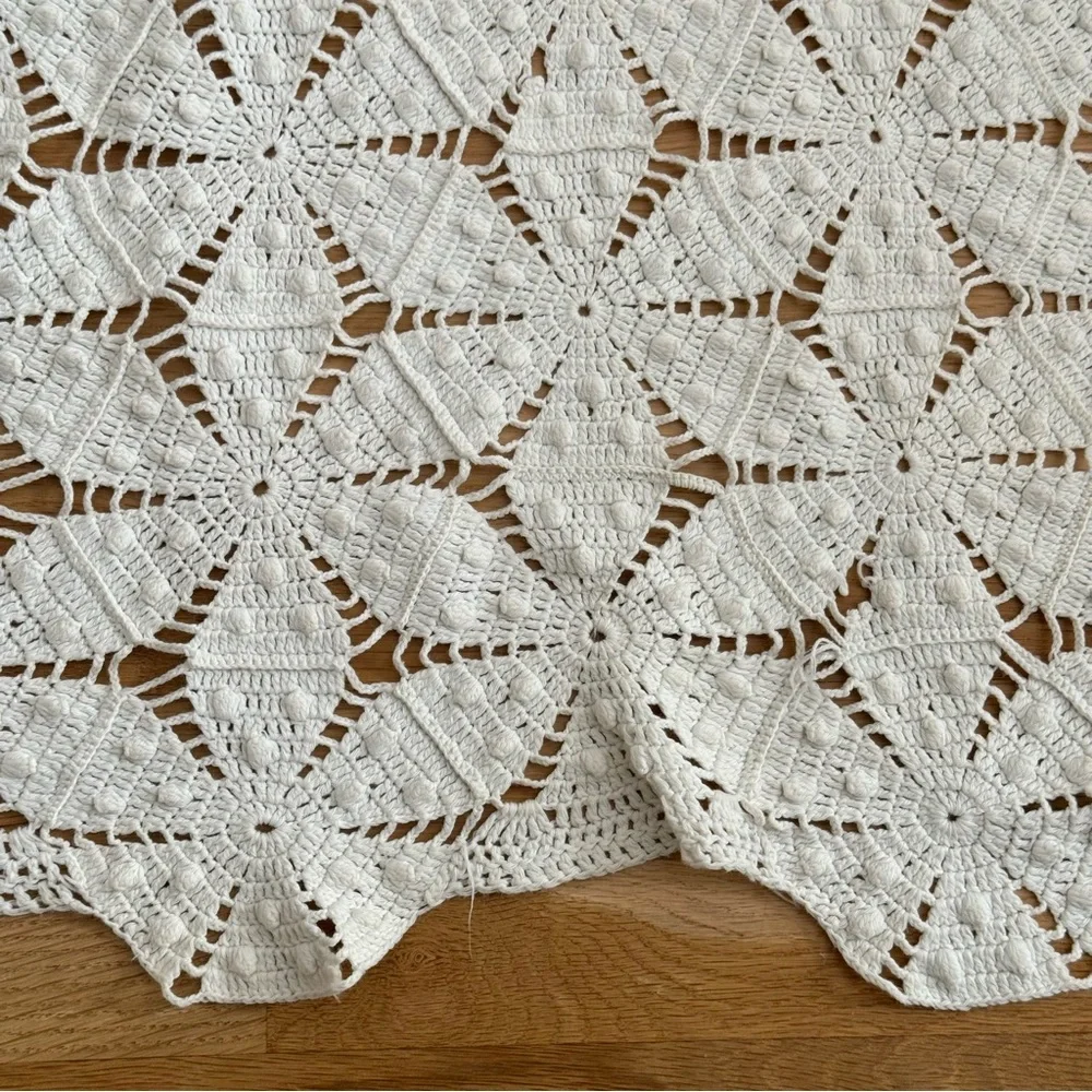 handmade vintage heavy cotton lace bedspread, popcorn crochet stars, long fringe